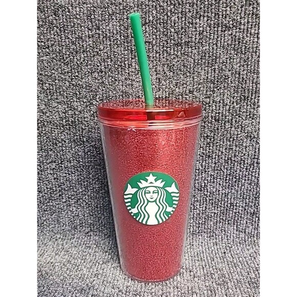 STARBUCKS Red Glitter Cold Beverage 16oz Tumbler Cup With Straw - Picture 1 of 3